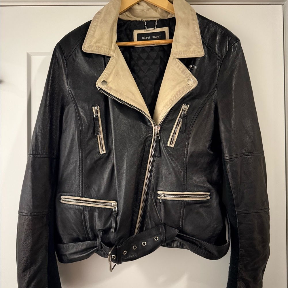 Black Rivet Black Leather Moto Jacket with Cream Leather Detailing